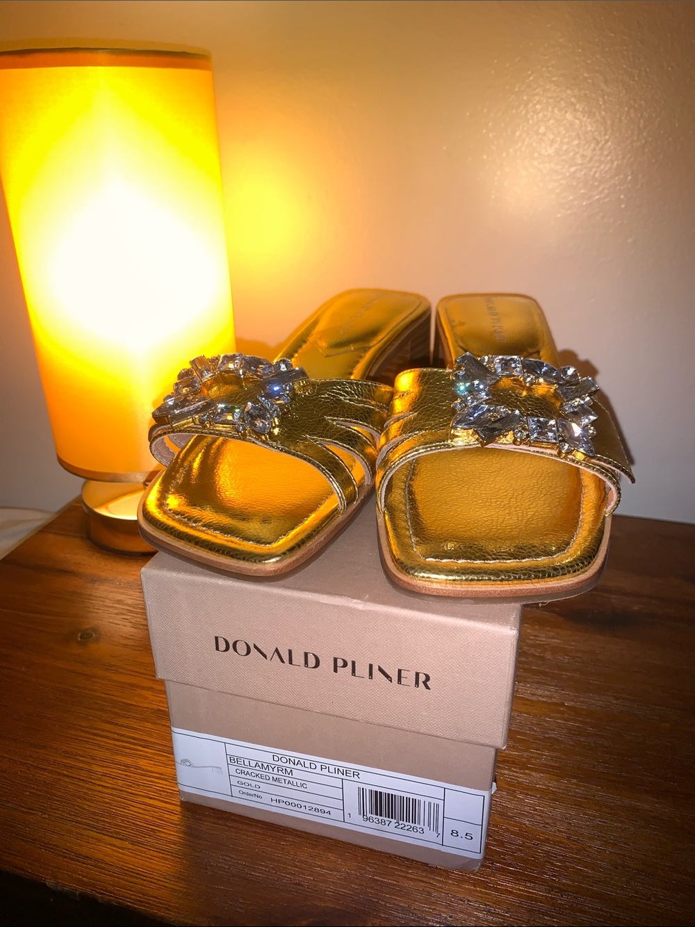 Donald Pliner Bellamy Cracked Metallic Heel Sandals, Gold, Crystal Block RET$228